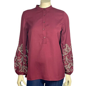 Chico's Sz 0 S 4-6 Dressy Blouse Paisley Beaded Peasant Sleeves Maroon Rayon